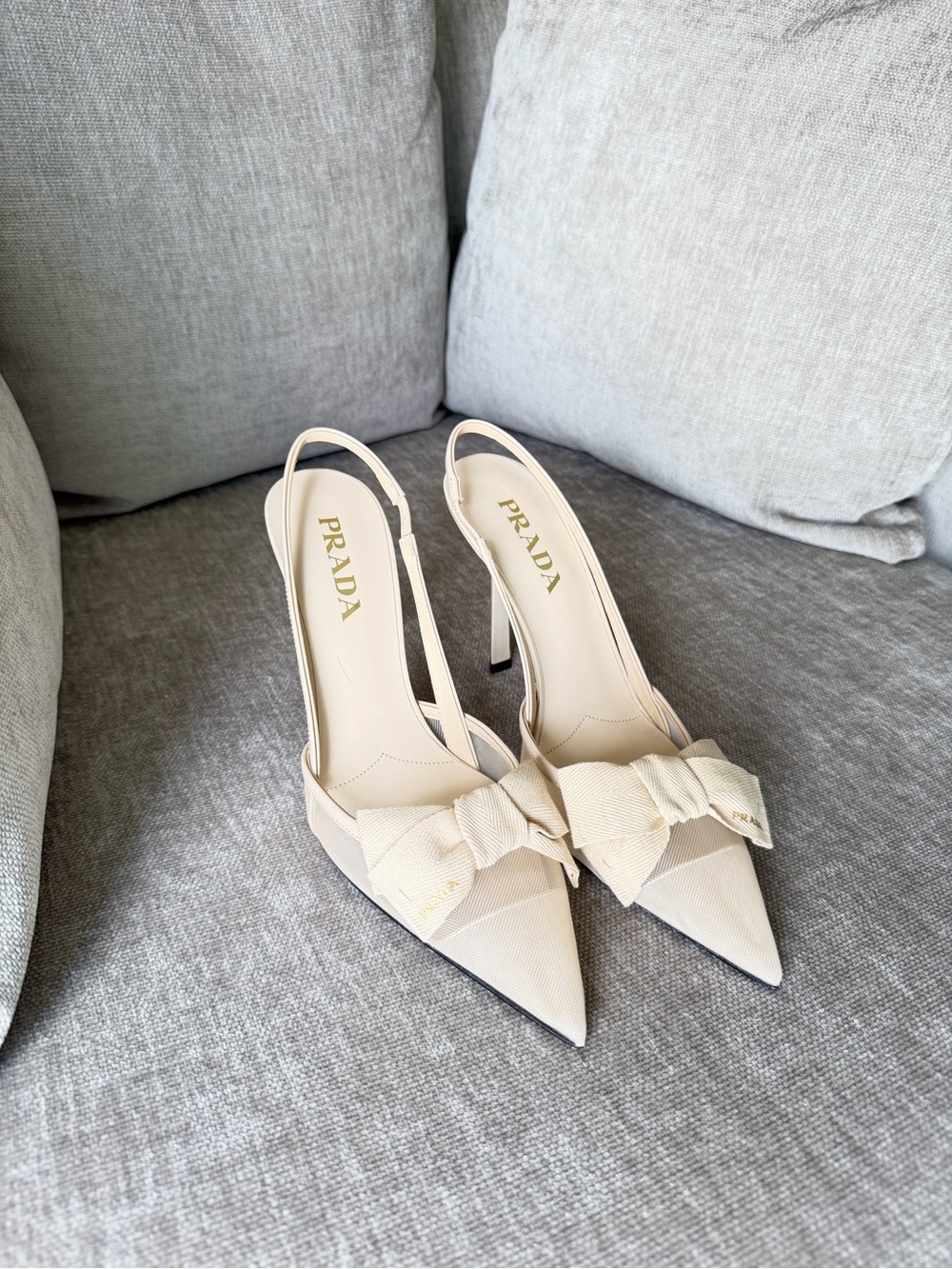 Prada Cream Pointed Bow Slingback Pumps - Picture 5 of 9
